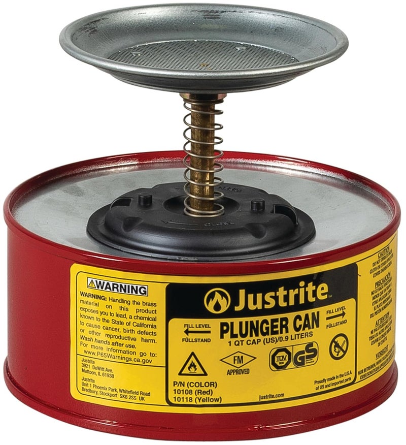Justrite 10108 1 Quart Red Galvanized Steel Safety Plunger Can with 5" Dasher Plate and BrassRyton Plunger Assembly for Flammables - Image 1